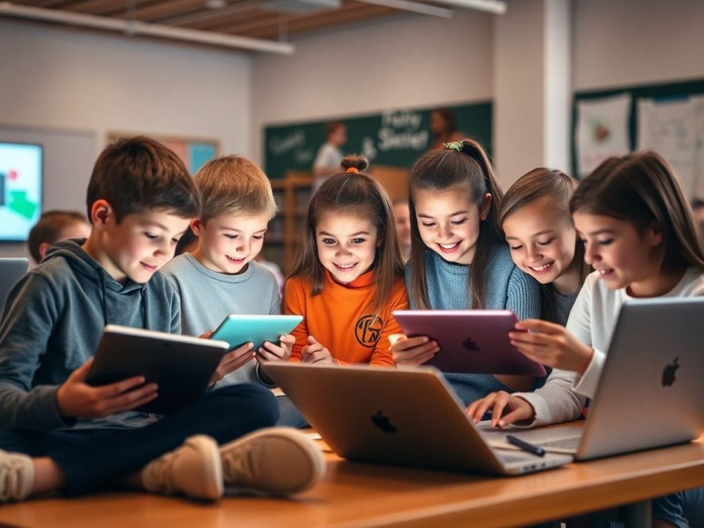 Elevă și elev folosind laptopuri în clasă modernă.