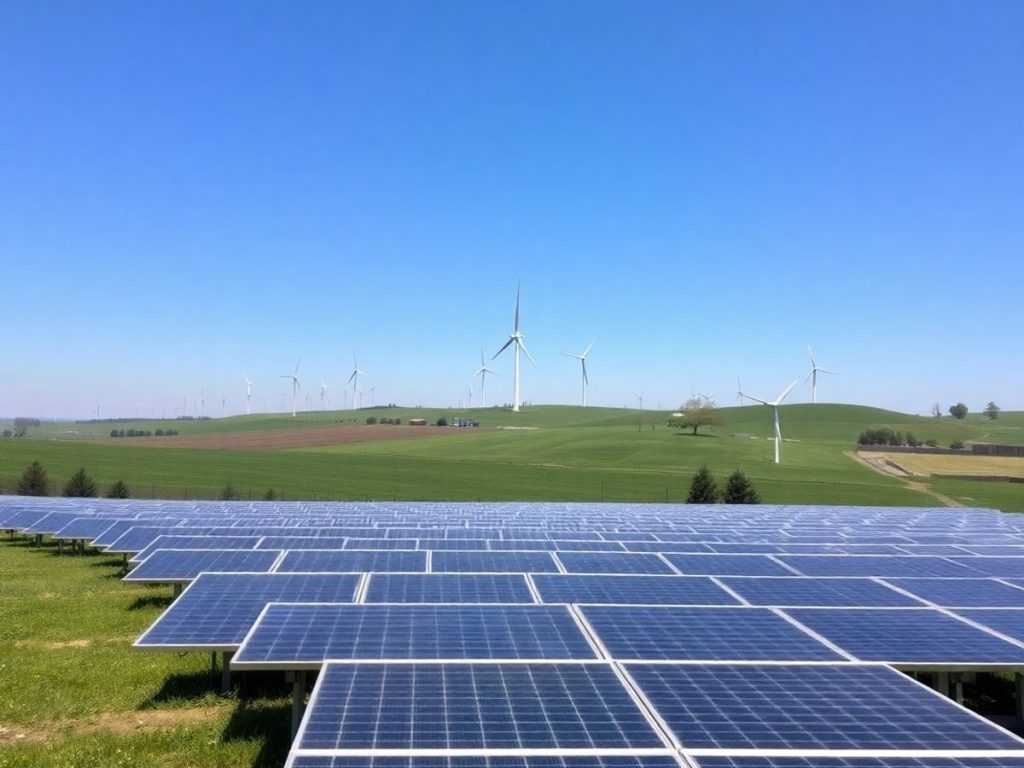 Panouri solare și turbine eoliene pe un fundal rural.