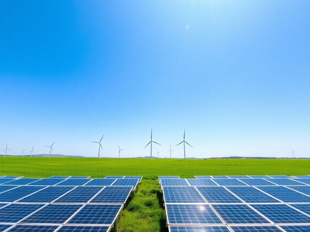 Panouri solare și turbine eoliene pe un câmp verde.