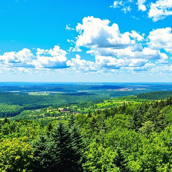 Peisaj verde cu păduri și cer albastru clar.