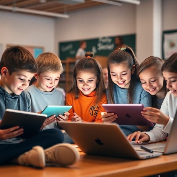 Elevă și elev folosind laptopuri în clasă modernă.