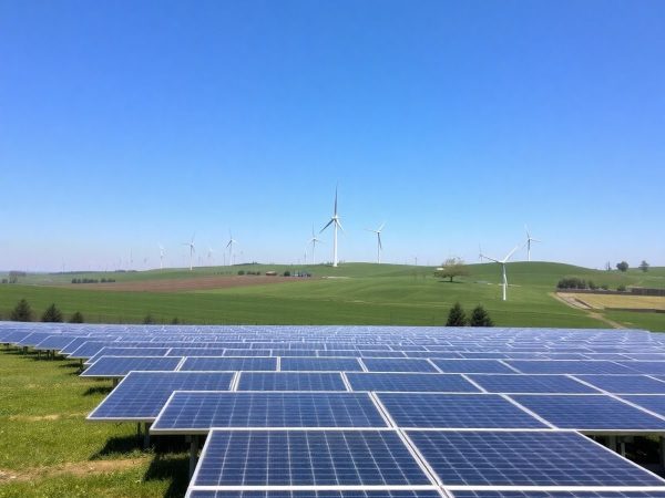 Panouri solare și turbine eoliene pe un fundal rural.