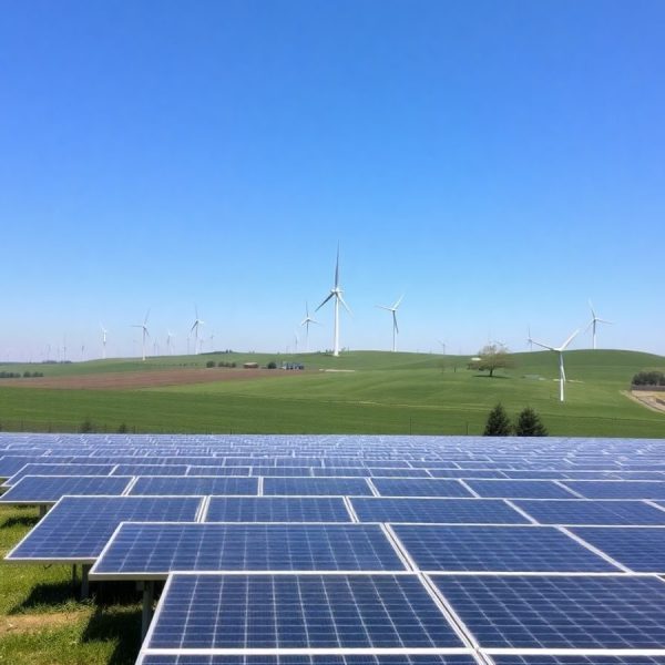 Panouri solare și turbine eoliene pe un fundal rural.