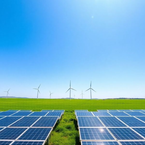 Panouri solare și turbine eoliene pe un câmp verde.