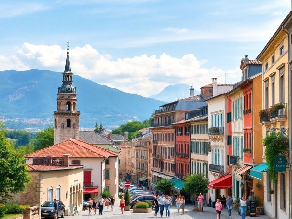 Peisaj european cu monumente și natură splendidă.
