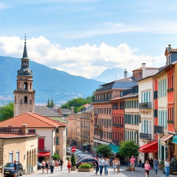 Peisaj european cu monumente și natură splendidă.