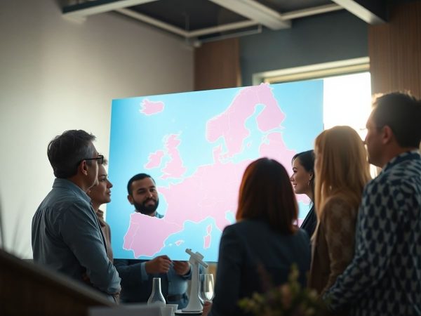 Harta Europei, steaguri europene, oameni colaborând pe fundal.