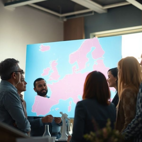 Harta Europei, steaguri europene, oameni colaborând pe fundal.